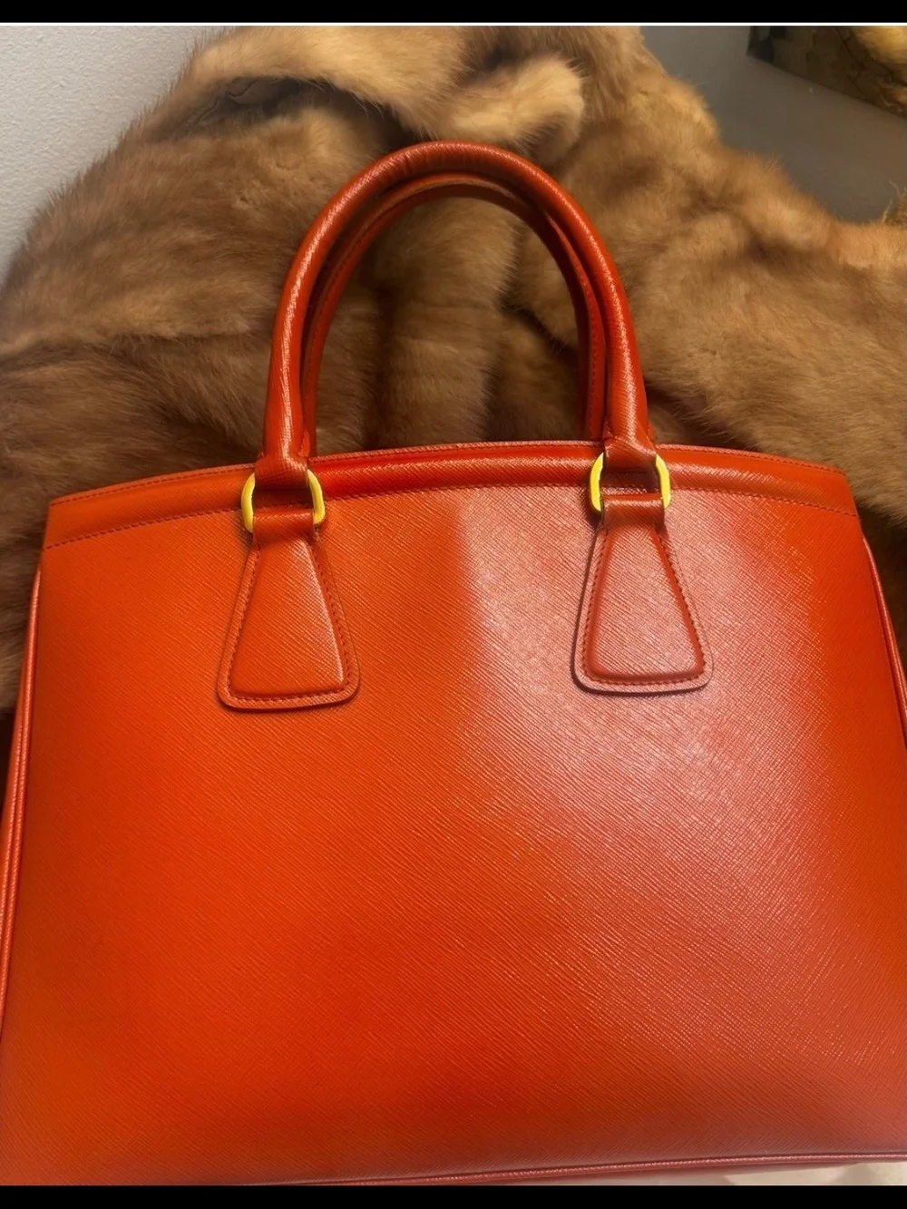 Prada Orange Saffiano Leather Satchel with Gold Hardware